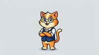 Orange tabby cat character wearing glasses and business suit with crossed arms, professional mascot design isolated on transparent background for logos.