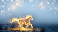 Fiery golden horse galloping through winter landscape with fireworks and bokeh lights creating magical fantasy atmosphere for celebration designs.