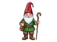 Cheerful garden gnome wearing red pointed hat and green coat holding wooden staff and mushroom on white background, isolated clipart for design projects.