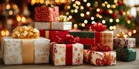 Festive Christmas gift boxes with colorful ribbons and bows arranged under decorated tree with warm bokeh lights creating holiday atmosphere.