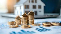 Stacks of gold coins arranged as growing houses on financial documents with white model house in background, representing real estate investment and mortgage.