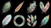 Feather collection with peacock, striped, ornamental, and decorative designs isolated on transparent background. Ready for t-shirt designs, clipart, stickers, sublimation, and print-on-demand projects.