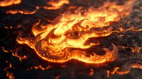 Glowing orange flames dance across dark surface creating dramatic fire pattern with swirling movement and intense heat effect. Macro photography captures burning detail.