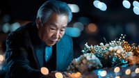 Elderly Asian businessman examining luxury jewelry collection with focused concentration in upscale store setting with warm bokeh lighting effects.