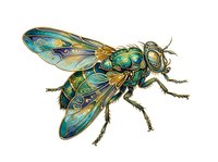 Metallic green and teal fly with iridescent wings and ornate body patterns, isolated on white background, suitable for design, print, and educational materials.