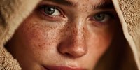 Young woman with freckles and green eyes wearing beige hooded garment looking directly at camera with natural makeup and soft lighting.