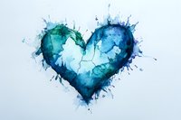 Watercolor heart shape in shades of blue and turquoise with dynamic paint splashes and splatters on white background, expressing emotional artistic style.