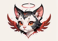 Cute fantasy cat character with angel wings and halo, perfect for gaming avatars, stickers or merchandise design. Black and white feline with red accents and expressive orange eyes.