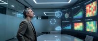 Professional businessman analyzing holographic data displays and digital charts in futuristic command center with advanced technology interface.