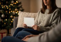 Young woman in cozy sweater reading letter at home with Christmas tree and festive lights in background, creating warm holiday atmosphere.