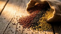 Mixed quinoa seeds spilling from burlap sack on rustic wooden table. Organic superfood grains for healthy cooking and nutrition concepts.
