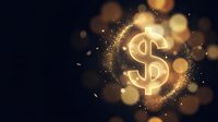 Golden dollar sign symbol glowing with sparkling particles and bokeh lights on dark background for finance and wealth concepts.