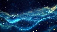 Mystical flowing waves of blue light dance across starry night sky, creating ethereal aurora-like patterns with glowing particles and cosmic energy streams.