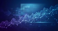 Financial data visualization with glowing charts and graphs showing upward growth trends on dark blue background for business analytics presentations.