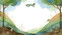Whimsical forest landscape with rolling hills, trees and jumping rabbit in watercolor style. Nature scene with roots, plants and wildlife for storytelling projects.