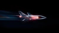 Supersonic aircraft breaking sound barrier with dramatic light trails and particle effects against dark background, creating dynamic motion blur effect.