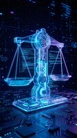 Digital justice scales with glowing blue neon circuits on futuristic technology background for legal tech and artificial intelligence law concepts.