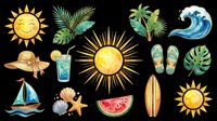 Bright sun, palm trees, tropical leaves, ocean wave, sailboat, straw hat, flip flops, surfboard, watermelon, starfish, seashell, and refreshing drink isolated on transparent background. Ready for t-shirt designs, clipart, stickers, sublimation, and print-on-demand products.
