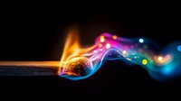 Burning match with colorful smoke trail and glowing particles on dark background creating magical fire effect for creative projects and artistic designs.