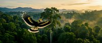 Majestic bird soaring over misty tropical rainforest canopy at golden sunrise with mountains in background creating dramatic wildlife scene.