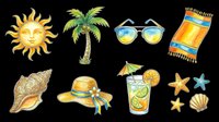 Colorful summer beach collection featuring sun, palm tree, sunglasses, beach towel, seashell, hat, tropical drink, starfish and shells isolated on transparent background for t-shirts, stickers and print-on-demand designs.
