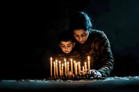 Young South Asian woman and child leaning over glowing birthday candles in dark setting, creating intimate moment with dramatic lighting and warm candlelight atmosphere.