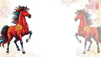 Two ornate horses with decorative golden patterns galloping on floral background, traditional Asian art style for greeting cards and festive designs.