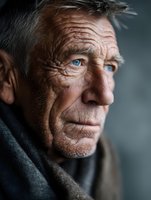 Close-up portrait of elderly Caucasian man with deep wrinkles and blue eyes wearing gray scarf, showing wisdom and life experience through weathered facial features.