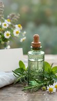 Natural herbal essential oil bottle with cork stopper surrounded by fresh chamomile flowers and mint leaves on rustic wooden table for aromatherapy and wellness.