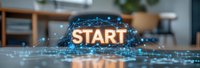 Glowing start text with futuristic network connections and dots floating in modern office space, panoramic business concept for beginnings and innovation.