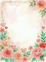 Watercolor floral frame with roses, peonies, and hearts on cream background. Isolated design with ornamental borders, ideal for invitations, greeting cards, and wedding stationery templates.