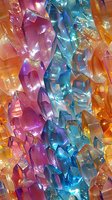 Vibrant crystal formations in pink, blue and orange create an abstract macro composition with sparkling light effects and prismatic reflections, suitable for luxury backgrounds.