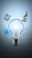 Light bulb surrounded by medical cross, microscope, smartphone with health app, and molecular structure on blue background, representing innovation in healthcare and medical research.