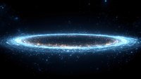 Glowing spiral galaxy with bright blue and white stars against dark space background, showing cosmic dust and stellar formations in spectacular celestial view.