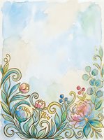 Soft watercolor floral border with gold line art, pastel pink peonies, blue berries, and swirling botanical elements on a light blue background.
