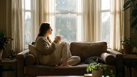 Young Caucasian woman in cozy knitwear relaxing on sofa with hot coffee cup, gazing out window in warm sunlit living room.