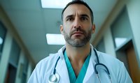 Middle Eastern male doctor in white coat and scrubs with stethoscope looking concerned in hospital hallway, dramatic lighting creates serious medical atmosphere.