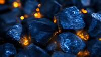 Glowing hot coal pieces with orange embers and blue tones in dark background, dramatic lighting creates mysterious atmosphere for heating and energy concepts.
