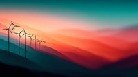 Wind turbines silhouetted against vibrant sunset sky with rolling hills in gradient colors of teal, coral and red, showcasing renewable energy in nature.
