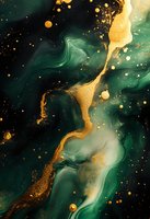 Luxurious emerald green and gold marble abstract background with flowing liquid texture and sparkling metallic accents for elegant design projects.