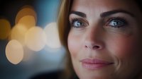 Close-up portrait of confident Caucasian businesswoman with blue eyes and blonde hair against blurred city lights background at night.