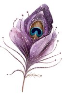 Stylized peacock feather with glittering purple petals and ornamental eye detail, isolated on white background for design, clipart, and decorative applications.
