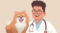 Cartoon veterinarian with stethoscope smiling next to happy Pomeranian dog with tongue out, illustrating pet healthcare and animal medicine.