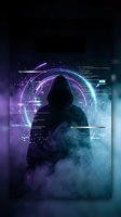 Hooded hacker silhouette with futuristic holographic interface and neon circles in cyberpunk atmosphere for technology and cybersecurity concepts.