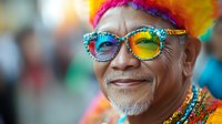 Senior Asian man with colorful hair and decorated glasses smiling at carnival celebration, wearing vibrant costume and accessories, expressing joy and festive spirit.