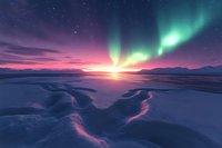 Arctic aurora borealis dancing over frozen landscape with pink and green northern lights illuminating snowy terrain and distant mountains at twilight.