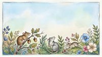 Watercolor woodland animals border with mice, flowers and plants on textured paper background for greeting cards and nature designs.