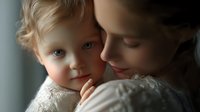Young Caucasian mother tenderly holding blonde toddler child in soft natural light creating intimate bonding moment for family lifestyle content.
