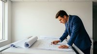 Professional businessman in navy suit reviewing architectural blueprints at office desk near window, focused on project planning and development work.
