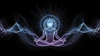 Glowing energy lines form meditation figure with radiating light patterns on dark background for spiritual wellness design projects.